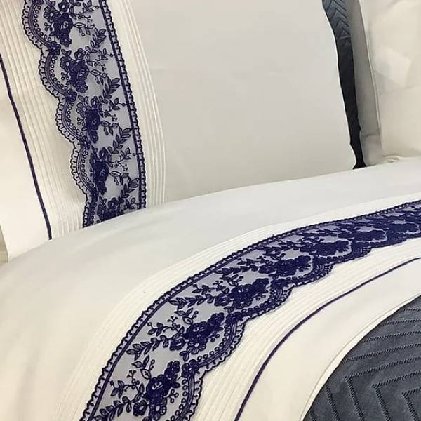  Lacivert Dantel Detaylı Nevresimli & Yatak Örtü Set - 9 parça